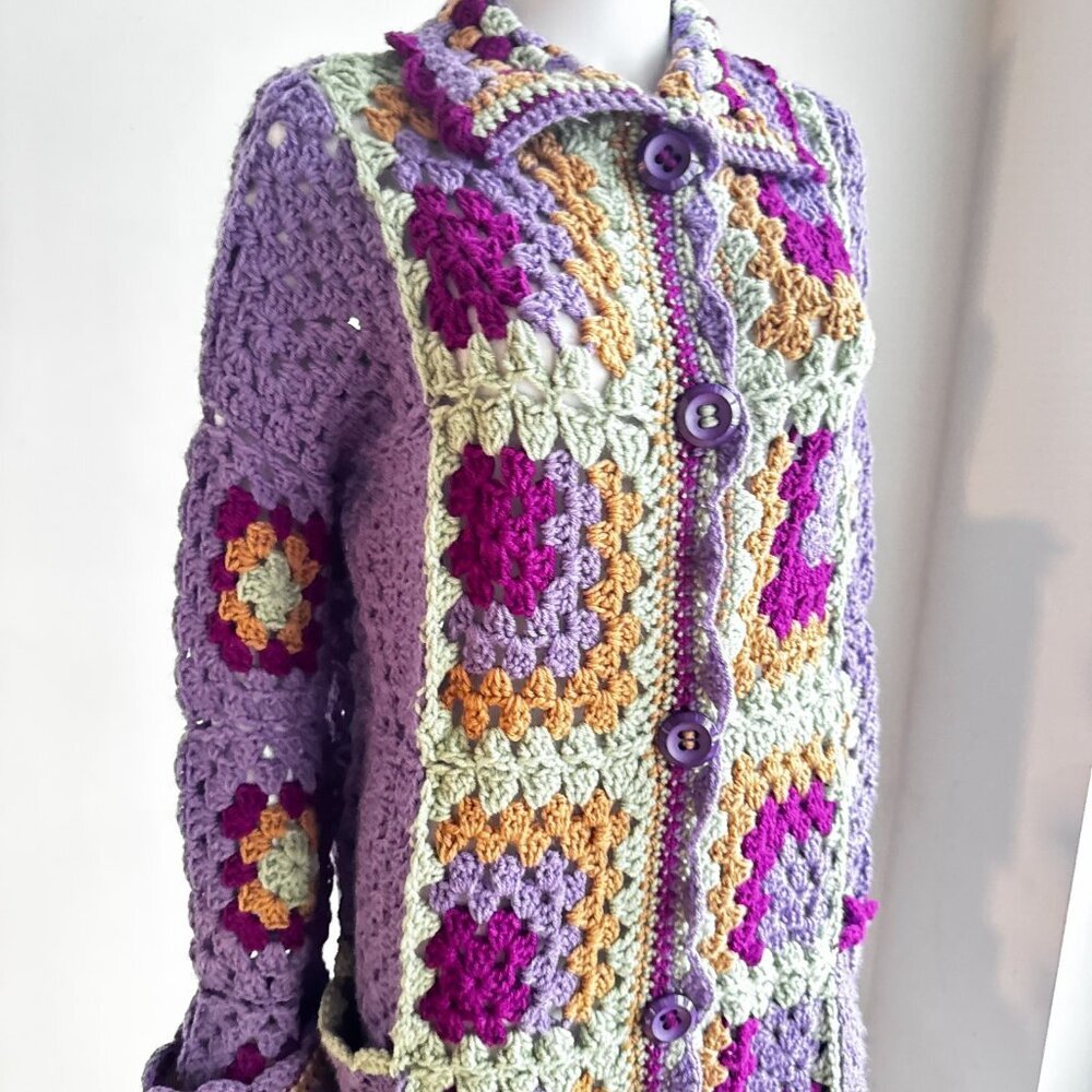 Handmade Lilac Colourful Granny Squares Crochet Long Cardigan L - Picture 5 of 7